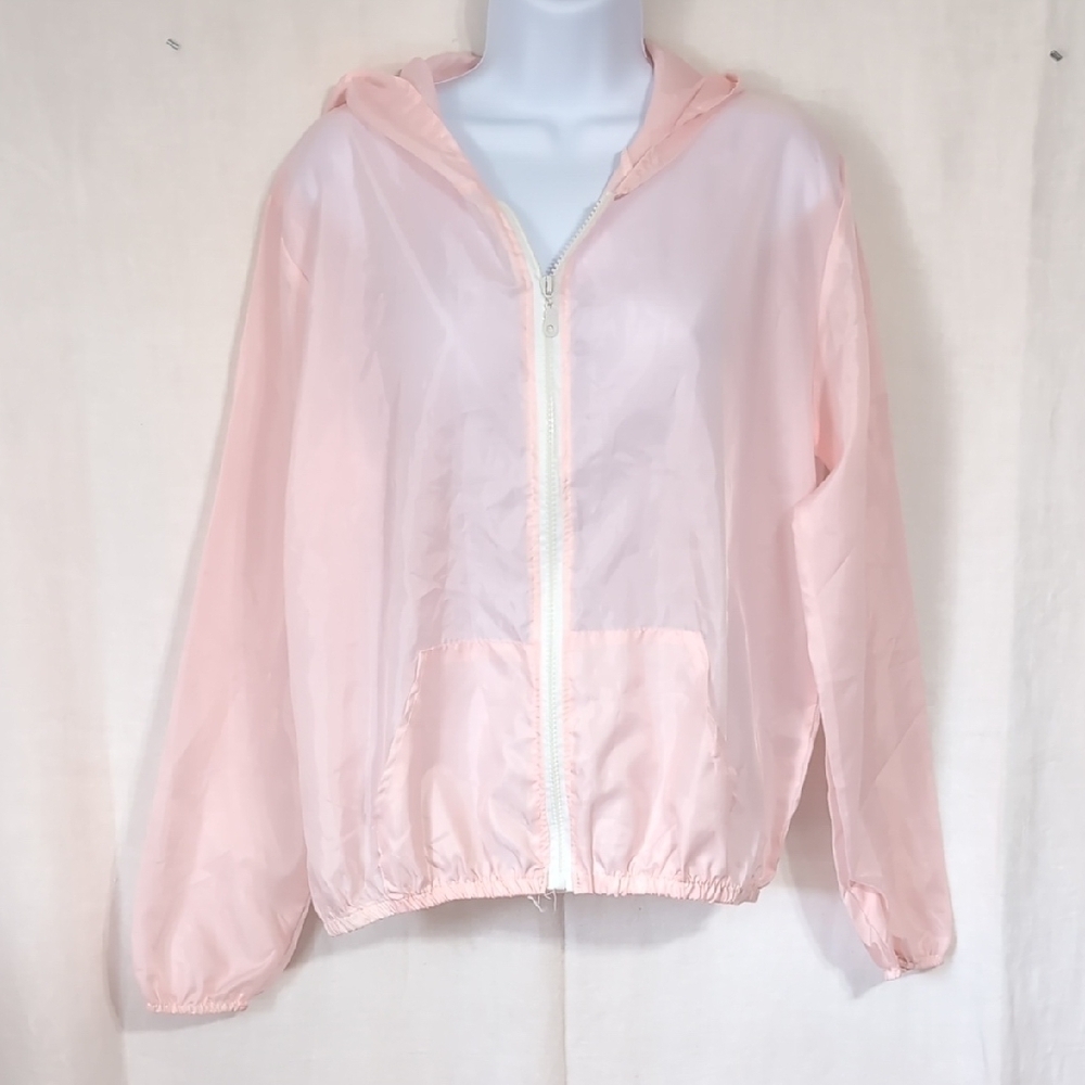 Sheer Pale Pink Nylon / Water Resistant Full Zip Hooded Jacket Size Medium